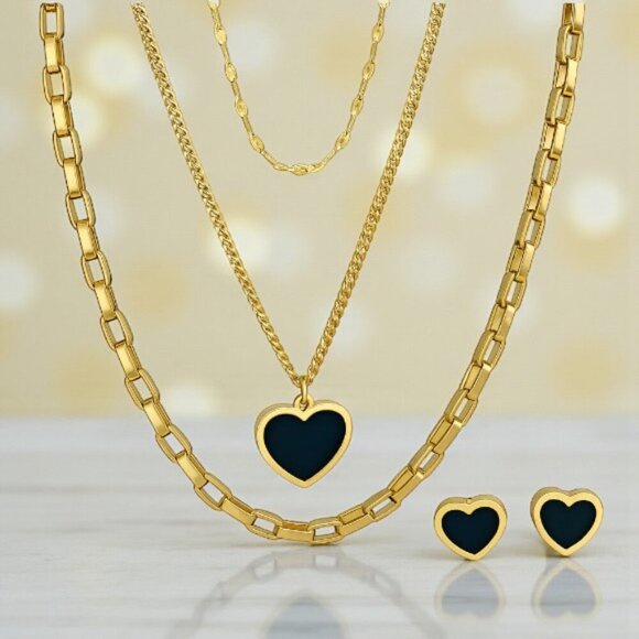 Elegant 18K Gold Plated Triple Layer Necklace & Heart Earrings Trendy Set ✨ - Picture 8 of 13